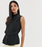 Asos Design Tall Sleeveless Drape Front Top With Button Detail-black