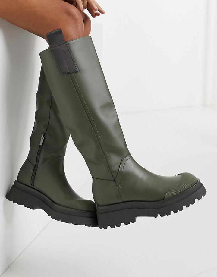 Stradivarius Chunky Sole High Leg Boots In Khaki-green