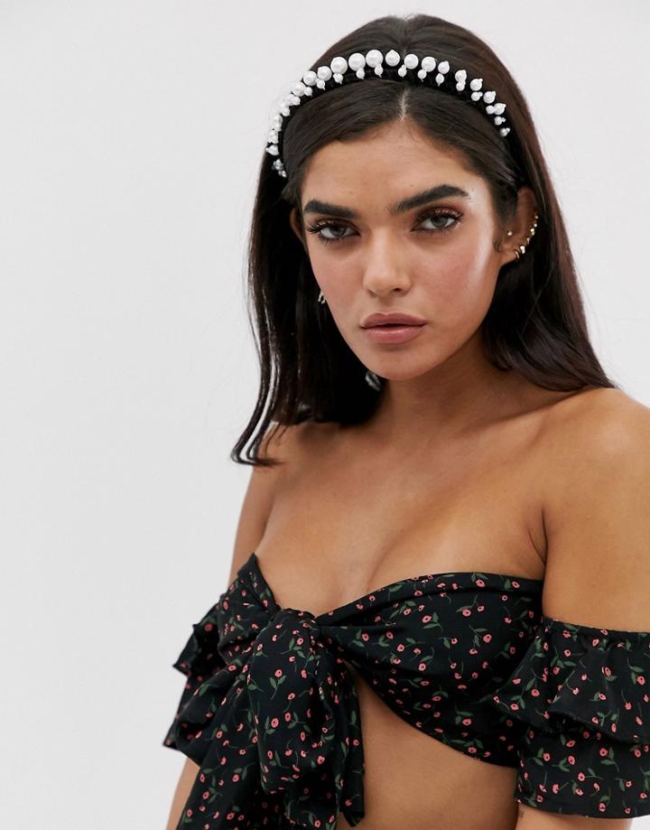 Asos Design Double Row Headband With Pearls In Black Velvet