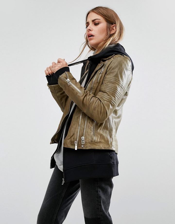 Goosecraft Vintage Look Leather Biker Jacket - Brown