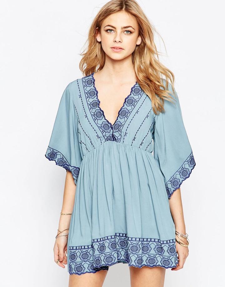 Hazel Embroidered V-neck Dress - Denim