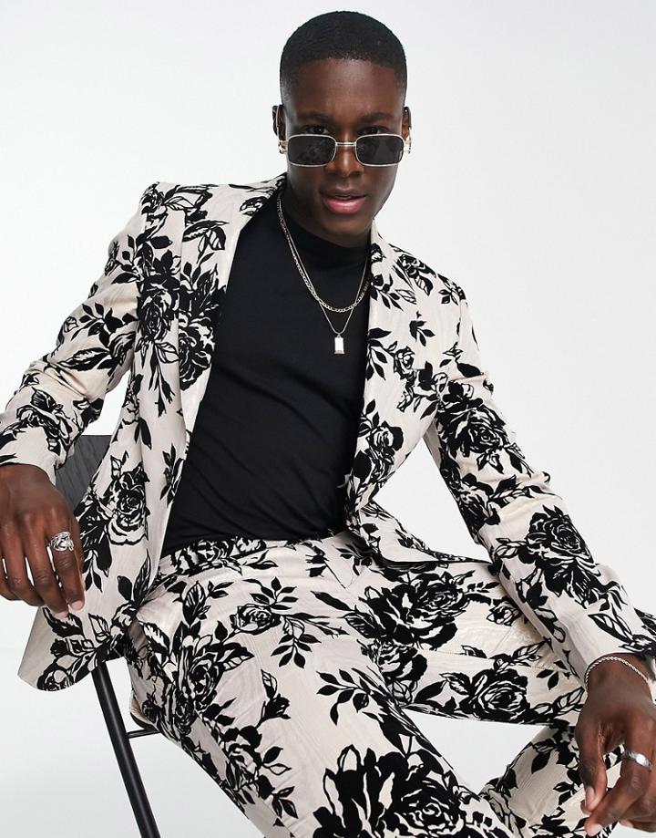 Twisted Tailor Barros Slim Fit Suit Jacket In White With Black Floral Flocking-multi