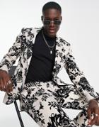 Twisted Tailor Barros Slim Fit Suit Jacket In White With Black Floral Flocking-multi