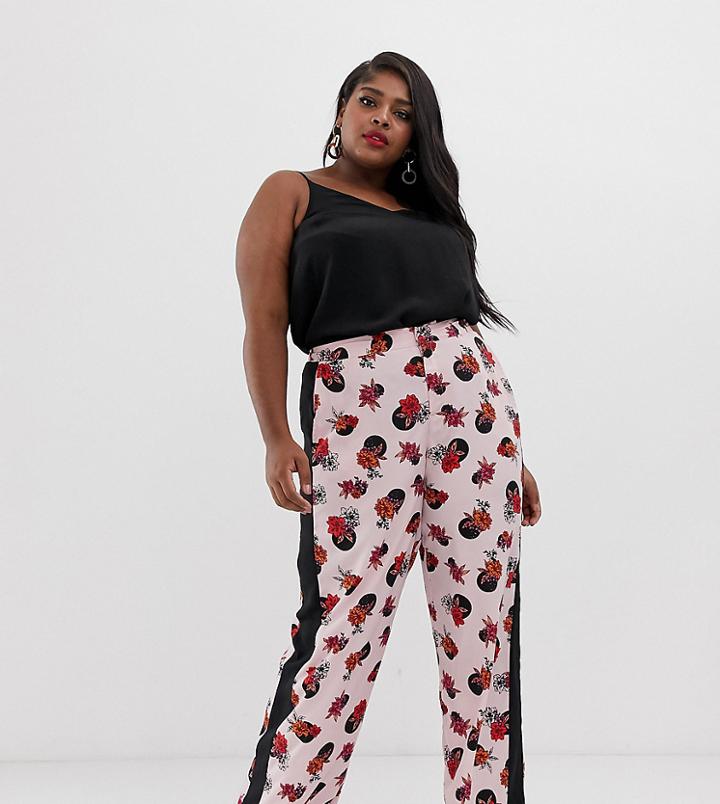Neon Rose Plus Wide Leg Pants With Side Stripe In Spot Floral - Pink
