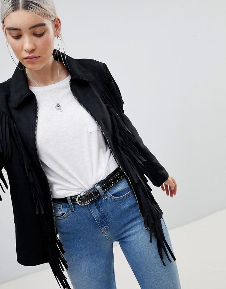 Asos Design Fringe Suedette Jacket - Black