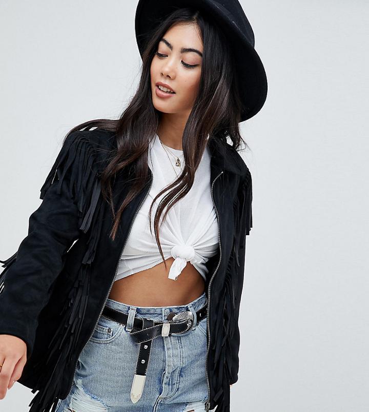 Asos Design Petite Fringe Suedette Jacket - Black