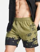 Topman Palm Tree Printed Linen Mix Shorts In Khaki-green