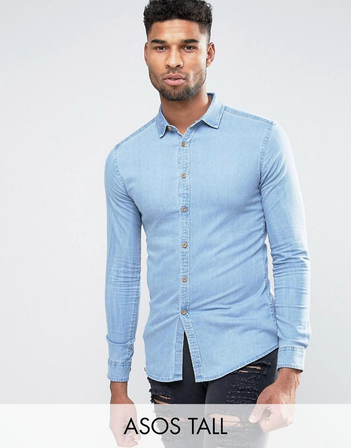 Asos Tall Skinny Denim Shirt In Bleach Wash - Blue