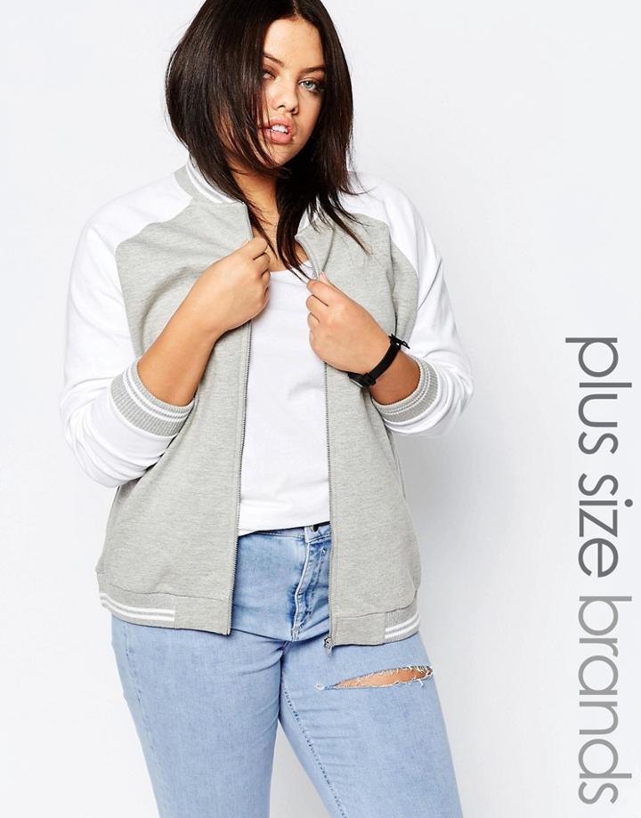 New Look Plus Jersey Baseball Bomber Jacket - Gray