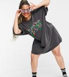 Asos Design Curve Oversized T-shirt Dress With 'fresh Out Of F-ks' Slogan In Acid Wash Gray-grey