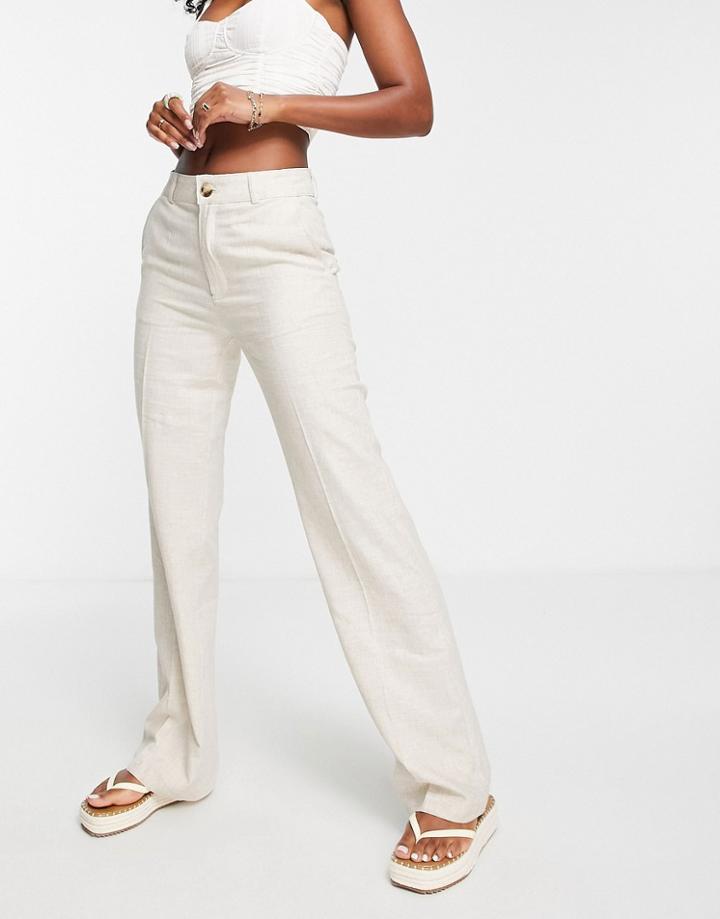 Pull & Bear High Waisted Slouchy Straight Leg Pants In Stone-neutral
