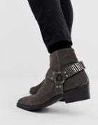 Asos Design Stacked Heel Western Chelsea Boots In Gray Suede With Under Strap And Hardware Details