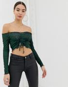 Boohoo Bardot Crop Top With Ruched Tie Detail In Green Snake - Green