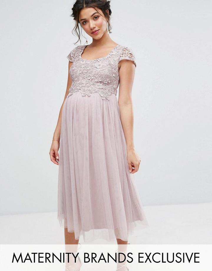 Little Mistress Maternity Crochet Bodice Prom Dress With Tulle Skirt - Purple