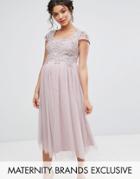 Little Mistress Maternity Crochet Bodice Prom Dress With Tulle Skirt - Purple