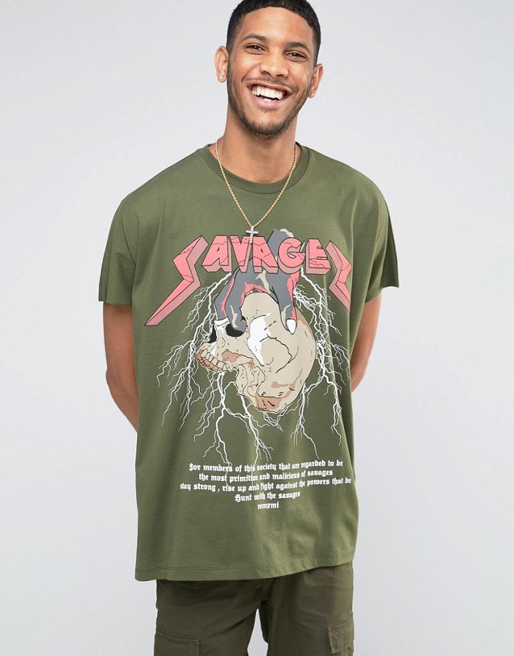 Asos Super Oversized T-shirt With Skull And Lightening Print - Green