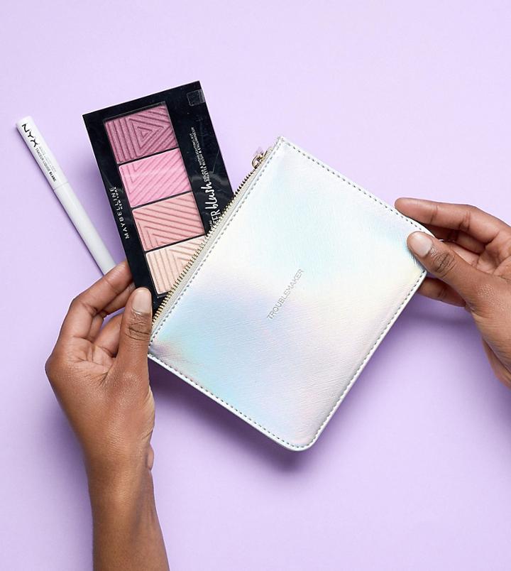 Estella Bartlett Irridescent 'troublemaker' Small Makeup Bag Pouch - Silver