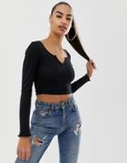 Asos Design Crop Top With Long Sleeve And Notch Detail In Black - Black