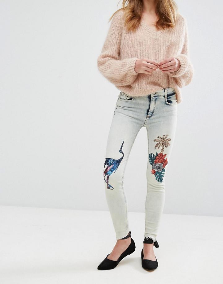 Pull & Bear Tropical Sequin Skinny Jeans - Blue