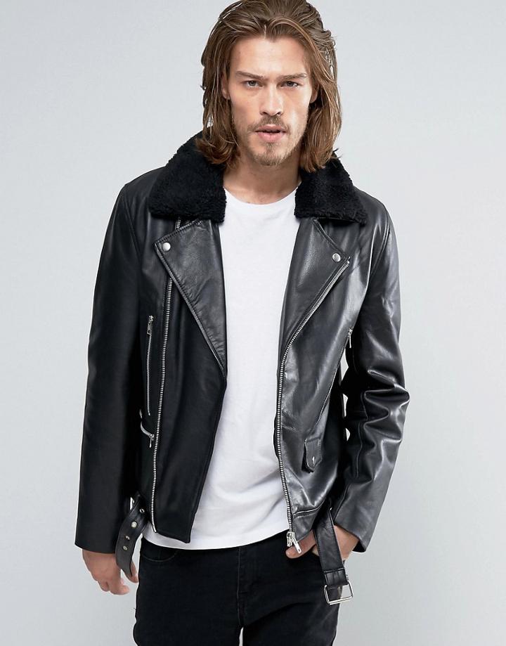 Asos Leather Biker Jacket With Fleece Collar In Black - Black