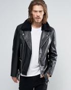 Asos Leather Biker Jacket With Fleece Collar In Black - Black