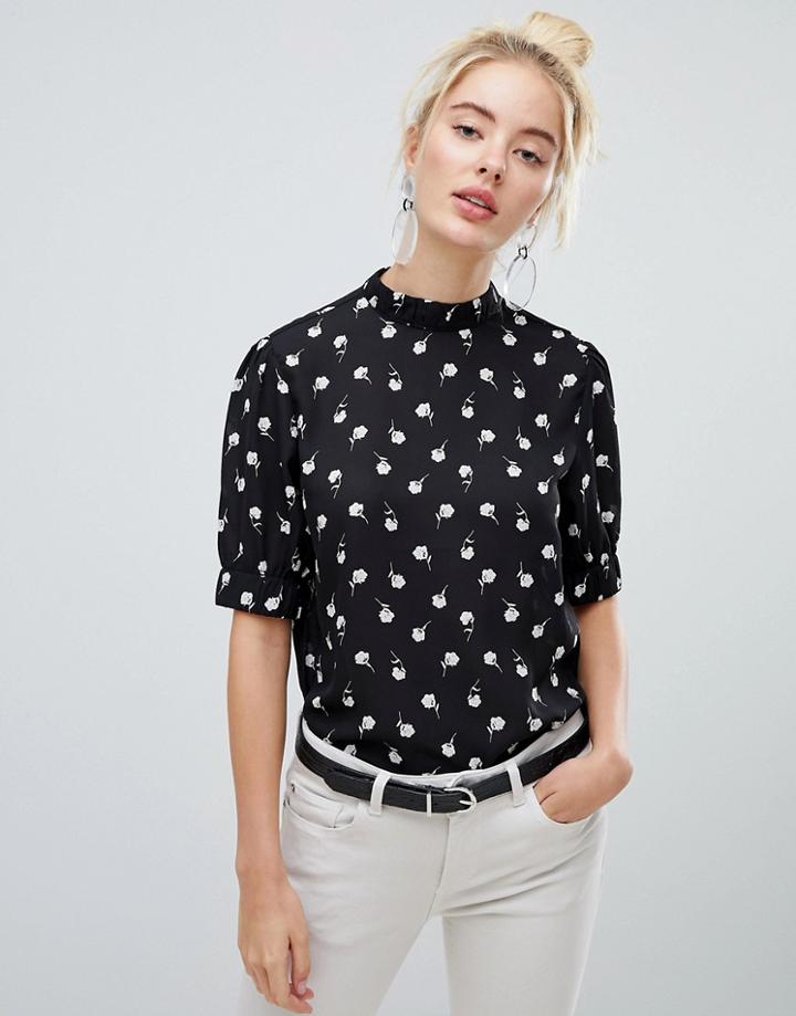 Fashion Union High Neck Blouse In Spot Rose Print - Black