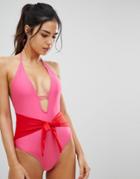 Missguided Plunge Front Color Block Waist Tie Swimsuit - Pink