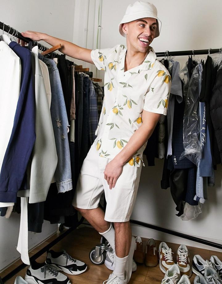 Abercrombie & Fitch Resort Revere Collar Short Sleeve Lemon Print Shirt In White