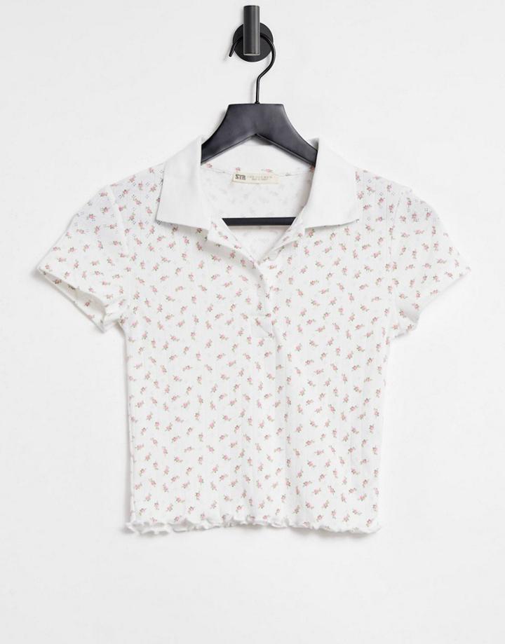 Stradivarius Pointelle Polo Shirt In Floral Print-multi