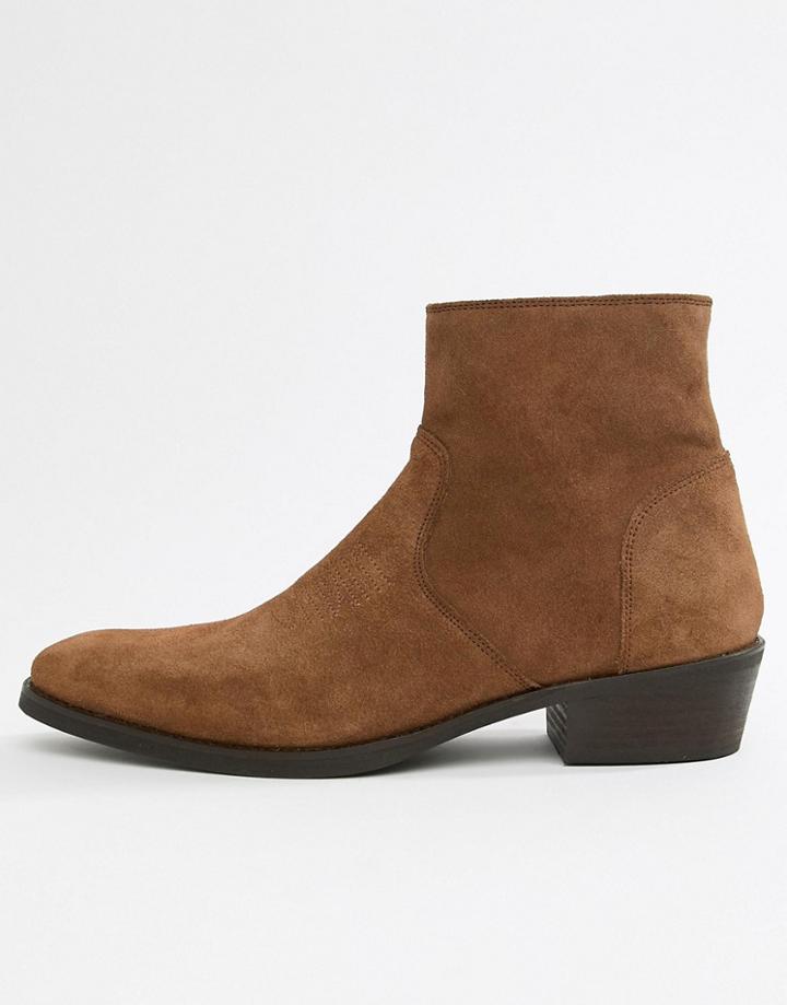 Asos Design Stacked Heel Boots In Tan Suede With Stitch Detail - Tan