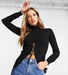 Asyou Tie Front High Neck Sweater In Black
