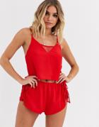 Wolf & Whistle Lace Insert Cami And Short Pyjama Set In Red