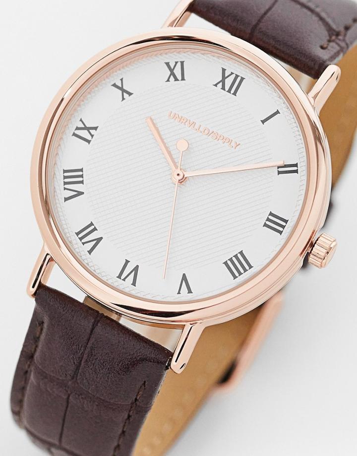 Asos Design Classic Watch With Rose Gold Highlights And Mock Croc Strap In Brown