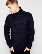Brave Soul Cable Knit Sweater With Roll Neck - Navy
