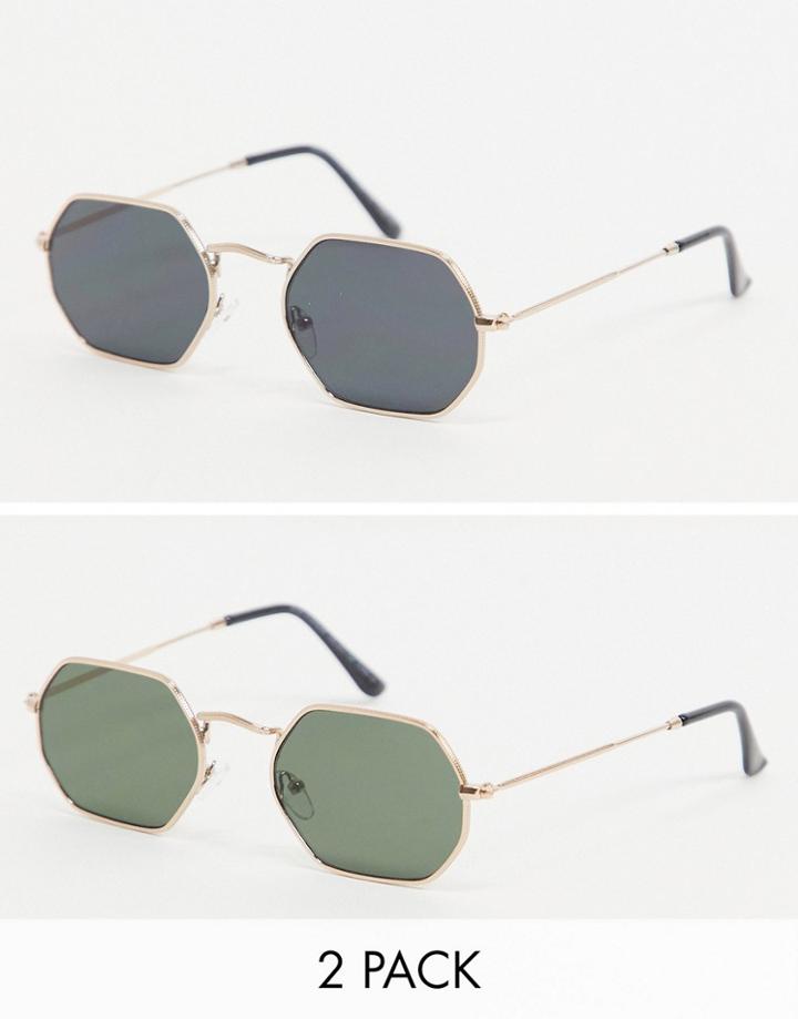 Svnx 2 Pack Hexagonal Sunglasses In Green And Black With Gold Trim-multi