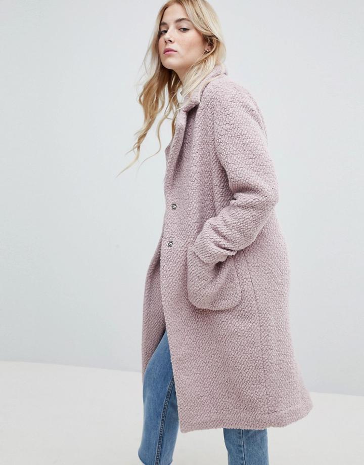 New Look Textured Wool Midi Coat - Pink
