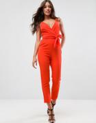 Asos Design Wrap Front Jumpsuit With Peg Leg And Self Belt - Red