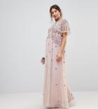 Asos Maternity Wedding Iridescent Delicate Beaded Flutter Sleeve Maxi Dress - Pink