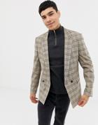 Asos Design Skinny Double Breasted Blazer In Brown Prince Of Wales Check - Brown