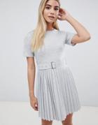 Asos Design Mini Dress With Pleated Skirt And Belt - Gray