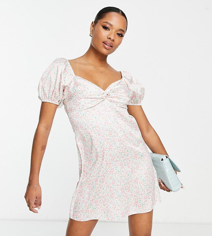 Miss Selfridge Petite Twist Front Volume Sleeve Mini Dress In Ditsy Print-multi