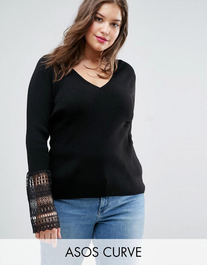Asos Curve Sweater With V Neck And Lace Bell Sleeve - Black