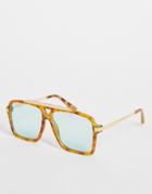 Asos Design Navigator Sunglasses With Green Lens In Brown Tortoiseshell