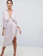 Asos Design Midi Plunge Kimono Dress In Satin - Gray