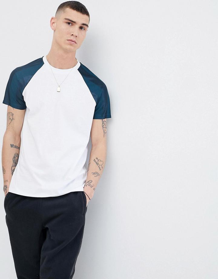 Asos Design T-shirt With Contrast Shadow Stripe Raglan Sleeves In White - White