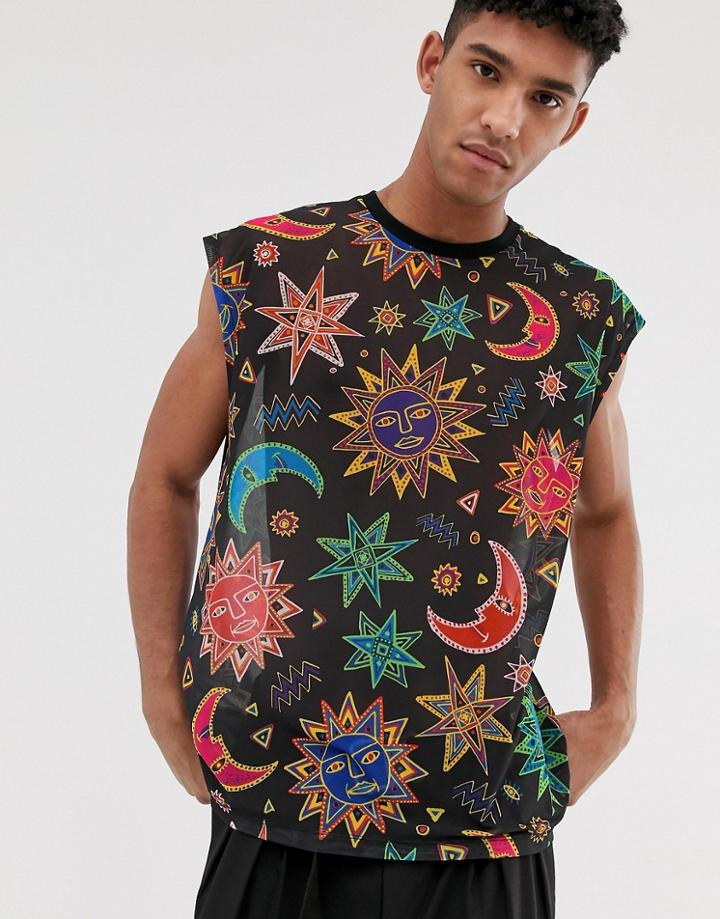 Asos Design Oversized Sleeveless T-shirt In Mesh With All Over Print - Black