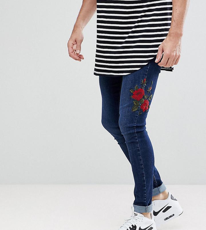 Brooklyn Supply Co Muscle Fit Jeans Deep Indigo With Rose Embroidery - Blue