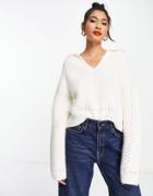 Asos Design Sweater With Open Neck And Collar Detail In Cream-neutral