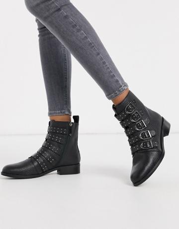 Karen Millen Bronte Leather Studded Buckle Boots In Black
