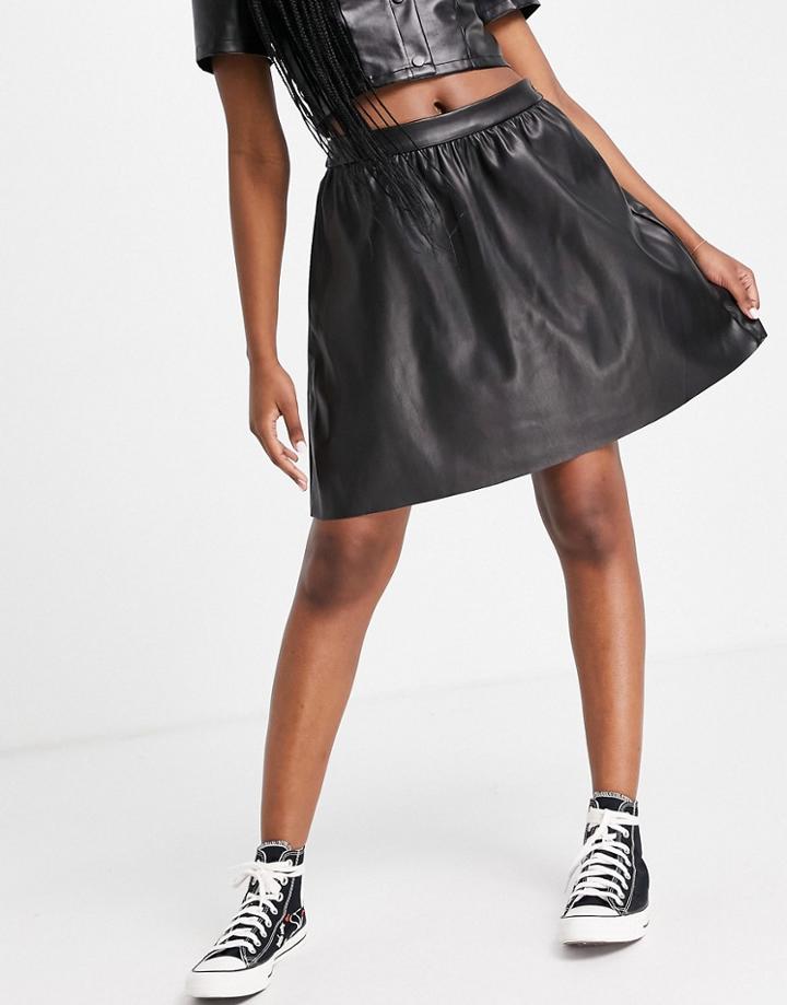 Vila Leather Look Mini Skirt With Elasticized Back Waistband In Black